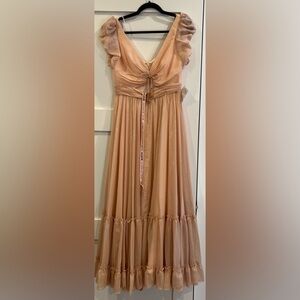 NWT MacDuggal Tea Length Tiered Pink Metallic Sparkle Puff Sleeve Dress - Sz 6